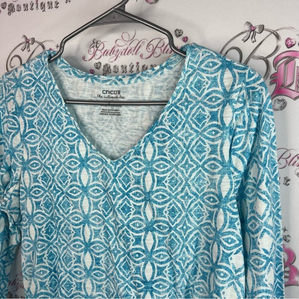 Chico's top long sleeve blue white Teal Geometric Women's Blouse - Picture 4 of 8
